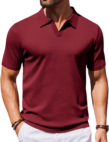 HOTCOOFANDY Men's V Neck Short Sleeve Stretch Knit Polo Shirt