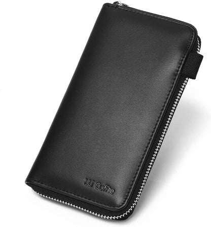 HOTLLi Cufite Genuine Leather Zipper Checkbook Cover with Divider & Card Holder Italian Calfskin, For Men & Women, Deluxe Check Holder RFID Blocking