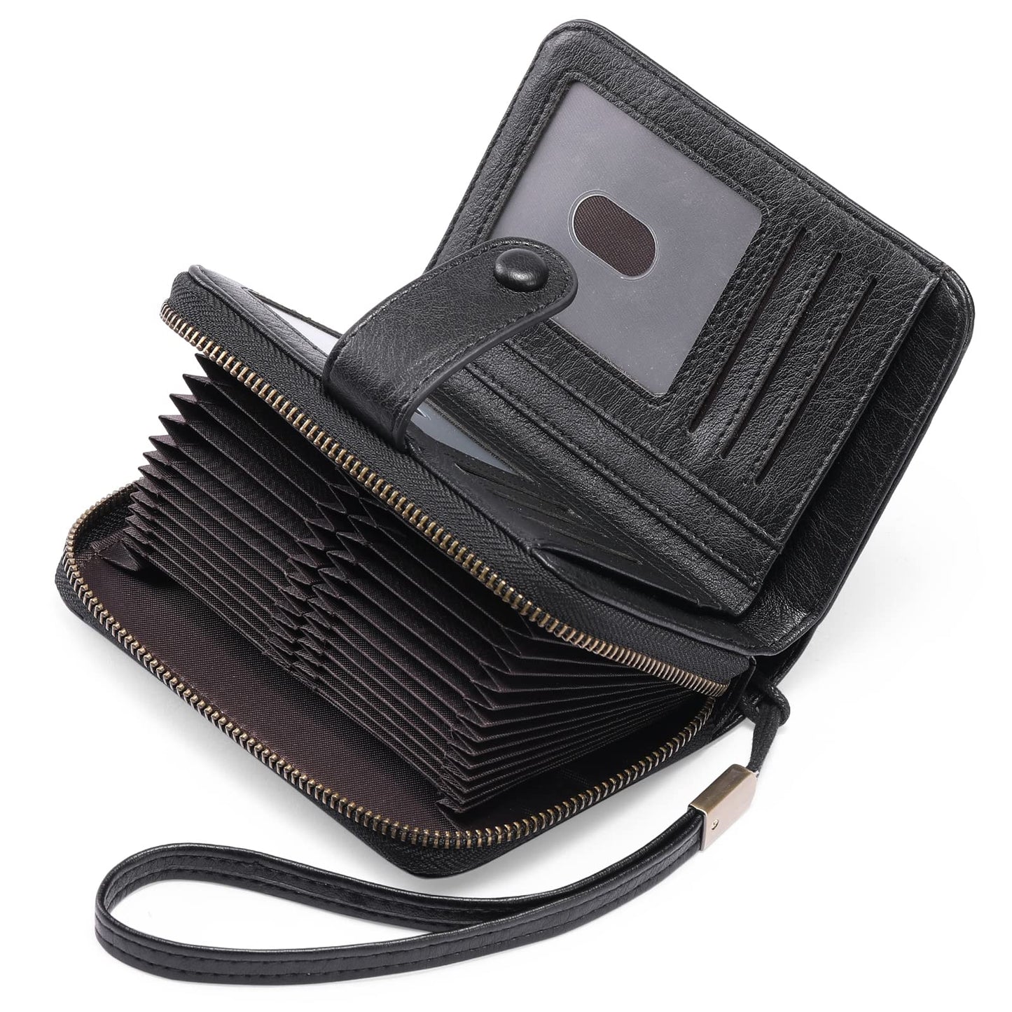 HOTGAEKEAO Leather Credit Card Holder Wallet for Women RFID Blocking Large Capacity Bifold Zipper Card Case Organizer with Wristlet 32 Slots