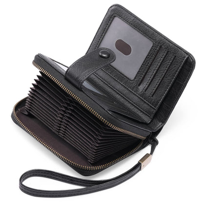 HOTGAEKEAO Leather Credit Card Holder Wallet for Women RFID Blocking Large Capacity Bifold Zipper Card Case Organizer with Wristlet 32 Slots