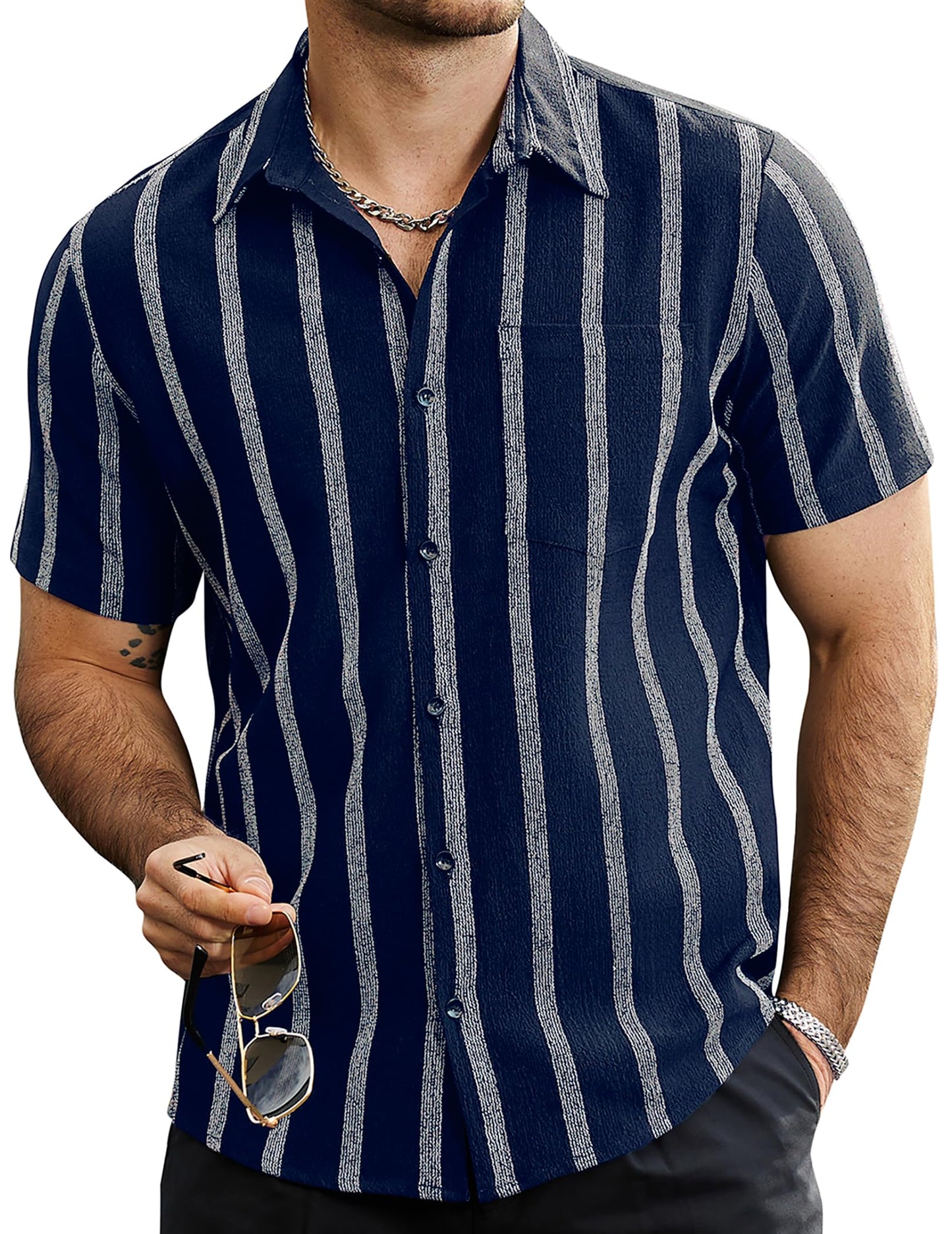 HOTVATPAVE Mens Summer Striped Shirts Button Down Short Sleeve Vintage Beach Hawaiian Shirts with Pocket