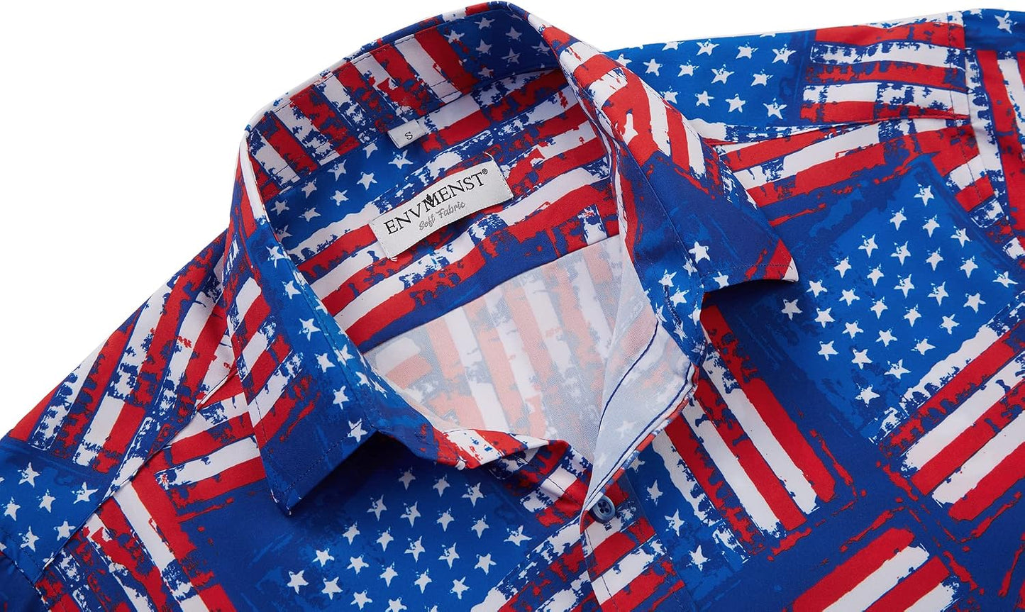 HOTENVMENST Men's American Flag Button Down Shirts Casual Short Sleeve Patriotic Hawaiian Shirt