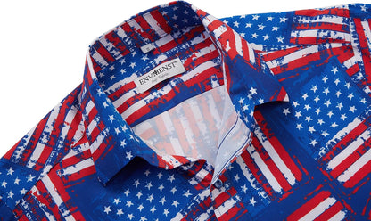 HOTENVMENST Men's American Flag Button Down Shirts Casual Short Sleeve Patriotic Hawaiian Shirt