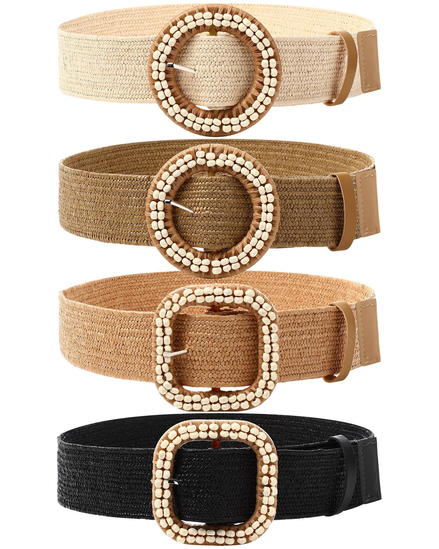 HOTWILLBOND 4 Pcs Women's Elastic Raffia Woven Belt, Boho Rattan Buckle Stretch Straw Wide Waist Belt for Dresses Jeans Pants