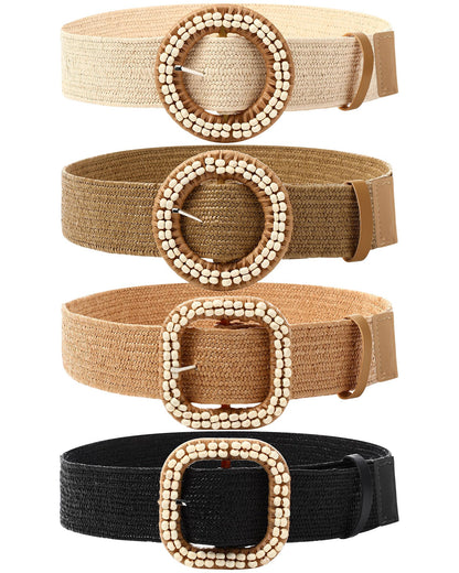 HOTWILLBOND 4 Pcs Women's Elastic Raffia Woven Belt, Boho Rattan Buckle Stretch Straw Wide Waist Belt for Dresses Jeans Pants