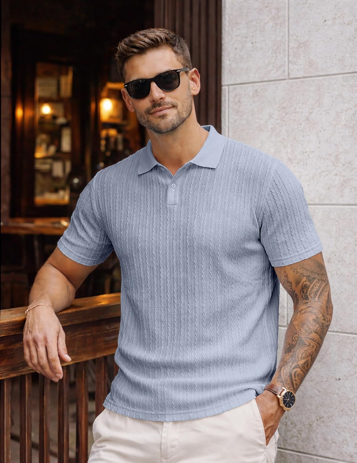 HOTJMIERR Mens Casual Polo Shirt Summer Short Sleeve Vacation Button Beach Knit Stretchy Golf Shirts