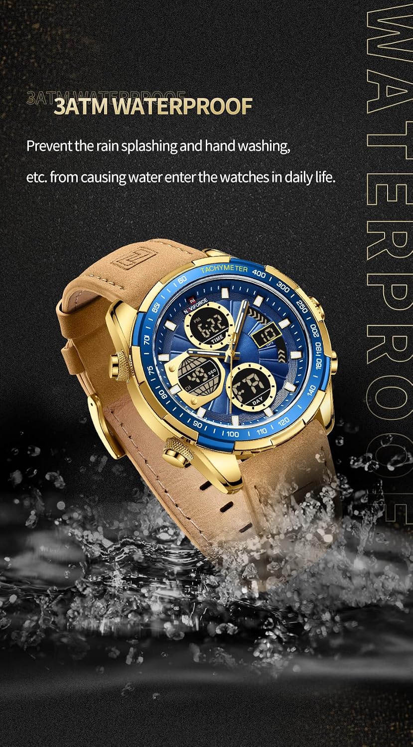HOTNAVIFORCE Men's Military Digital Watches Analog Quartz Waterproof Watch Sport Multifunctional Leather Wristwatch