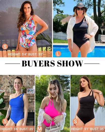 HOTWomen's One Shoulder One Piece Tummy Control Swimsuit Full Coverage | Keyhole Design, Full Coverage Fit, Modest Style, Ruched Waist, Adjustable Shoulder Strap, Removable Soft Cups