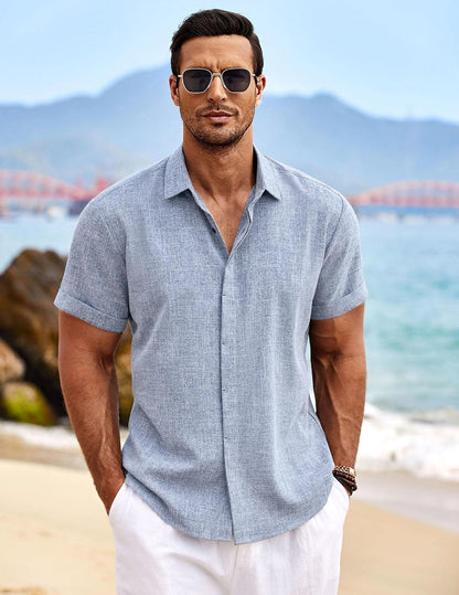 HOTCOOFANDY Men's Linen Shirts Short Sleeve Casual Shirts Button Down Shirt for Men Beach Summer Wedding Shirt
