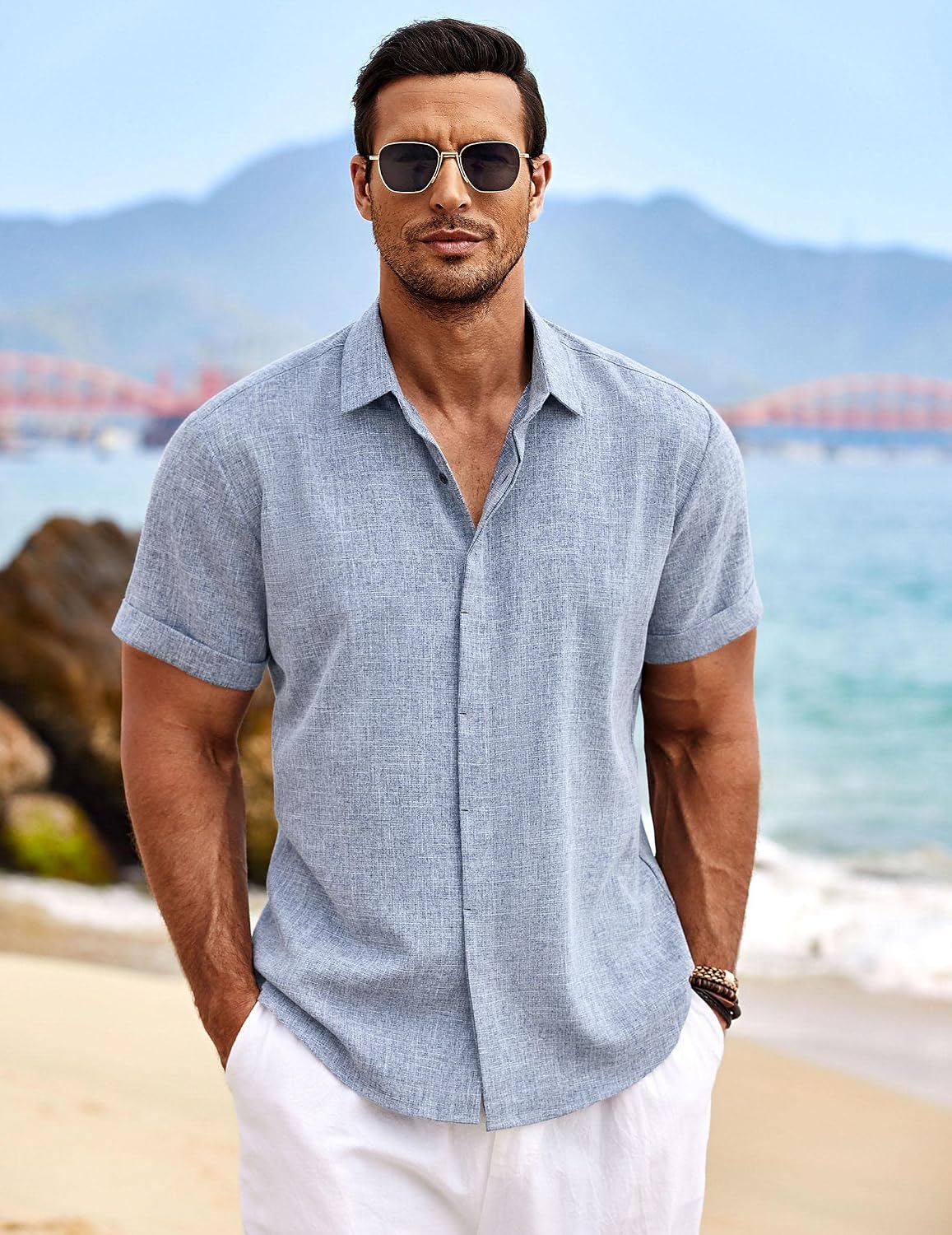 HOTCOOFANDY Men's Linen Shirts Short Sleeve Casual Shirts Button Down Shirt for Men Beach Summer Wedding Shirt