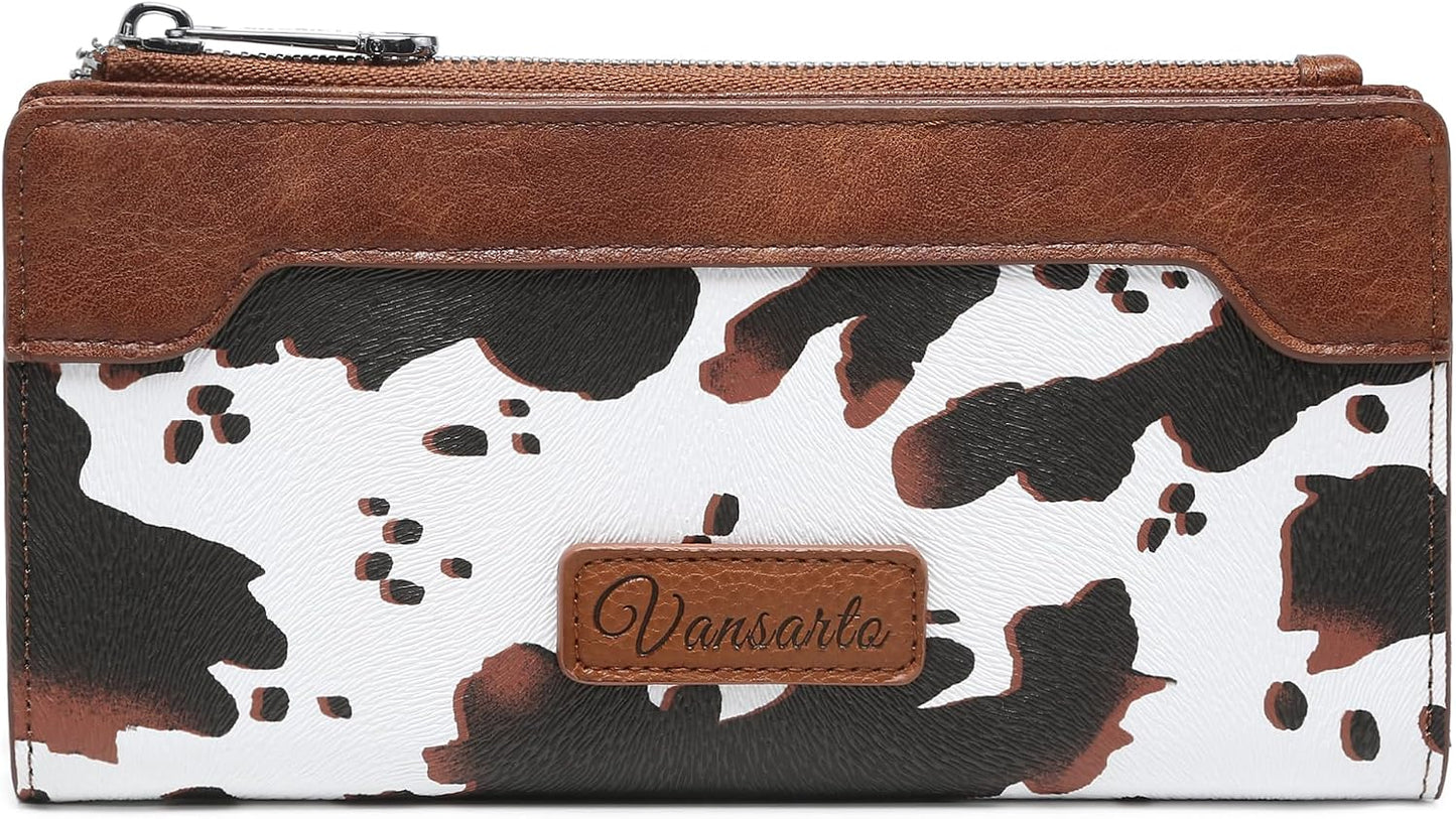 HOTCow Print Wallets for Women Slim Bifold Credit Card Holder - Card Cases Wallet with Smooth Zipper, Coin Pocket & ID Window - Money Organizer Cash Wallet, Signature Brown