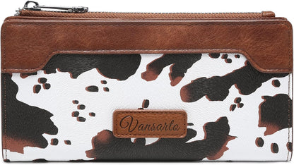HOTCow Print Wallets for Women Slim Bifold Credit Card Holder - Card Cases Wallet with Smooth Zipper, Coin Pocket & ID Window - Money Organizer Cash Wallet, Signature Brown