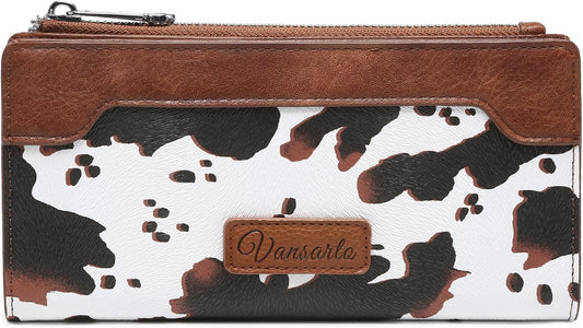 HOTCow Print Wallets for Women Slim Bifold Credit Card Holder - Card Cases Wallet with Smooth Zipper, Coin Pocket & ID Window - Money Organizer Cash Wallet, Signature Brown