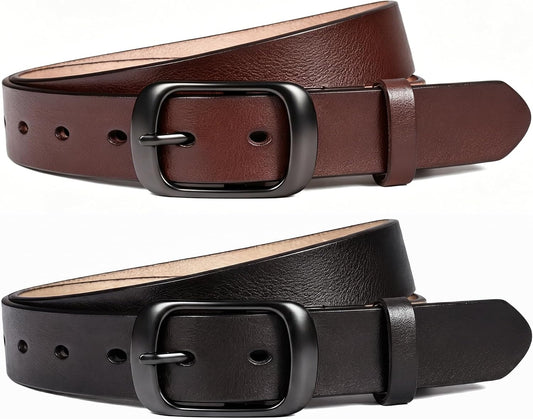 HOTWest Leathers Genuine Leather Belts for Women with Classic Pin Buckle | Soft & Supple • Timeless Style • 2 Colors, 2 Belts • Slim 1.1" Width • Perfect for Jeans, Dresses & Workwear