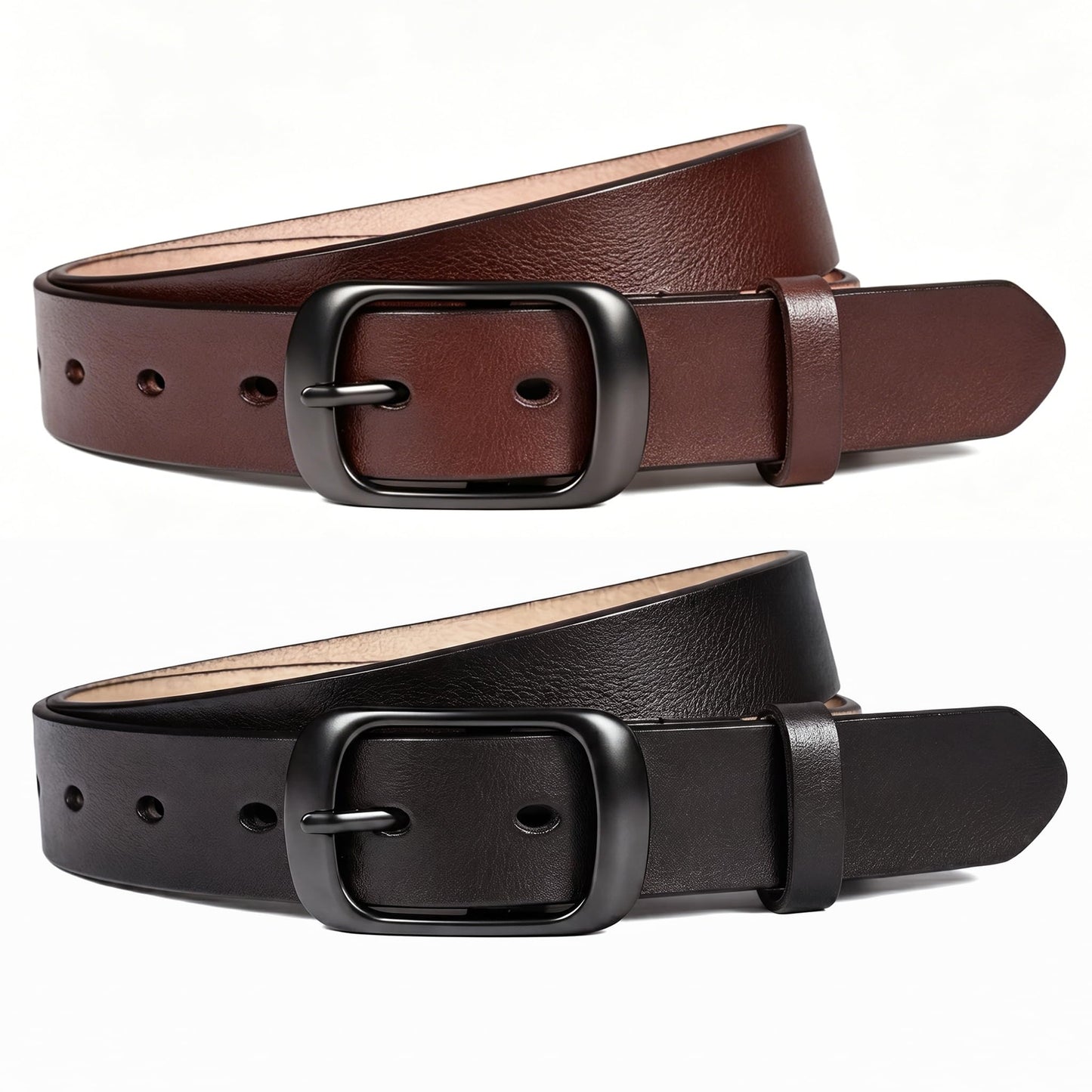 HOTWest Leathers Genuine Leather Belts for Women with Classic Pin Buckle | Soft & Supple • Timeless Style • 2 Colors, 2 Belts • Slim 1.1" Width • Perfect for Jeans, Dresses & Workwear