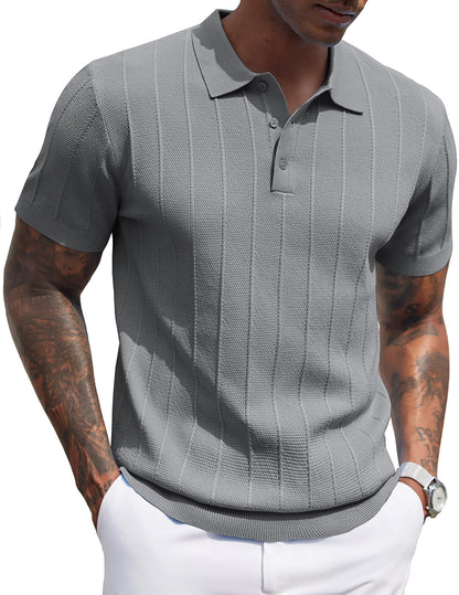 HOTCOOFANDY Mens Knit Polo Shirts Short Sleeve Ribbed Textured Polo Shirt Lightweight Casual Golf Shirts Collared T Shirt