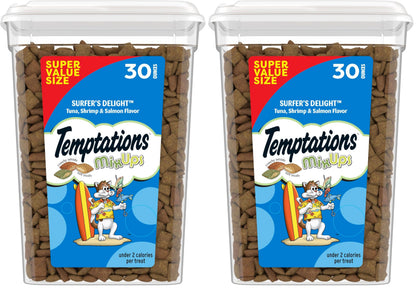 HOTTemptations Cat Treats MixUps Surfer's Delight, Tuna, Shrimp, Salmon Flavor, Crunchy and Soft Cat Treats, 30 oz. Tub