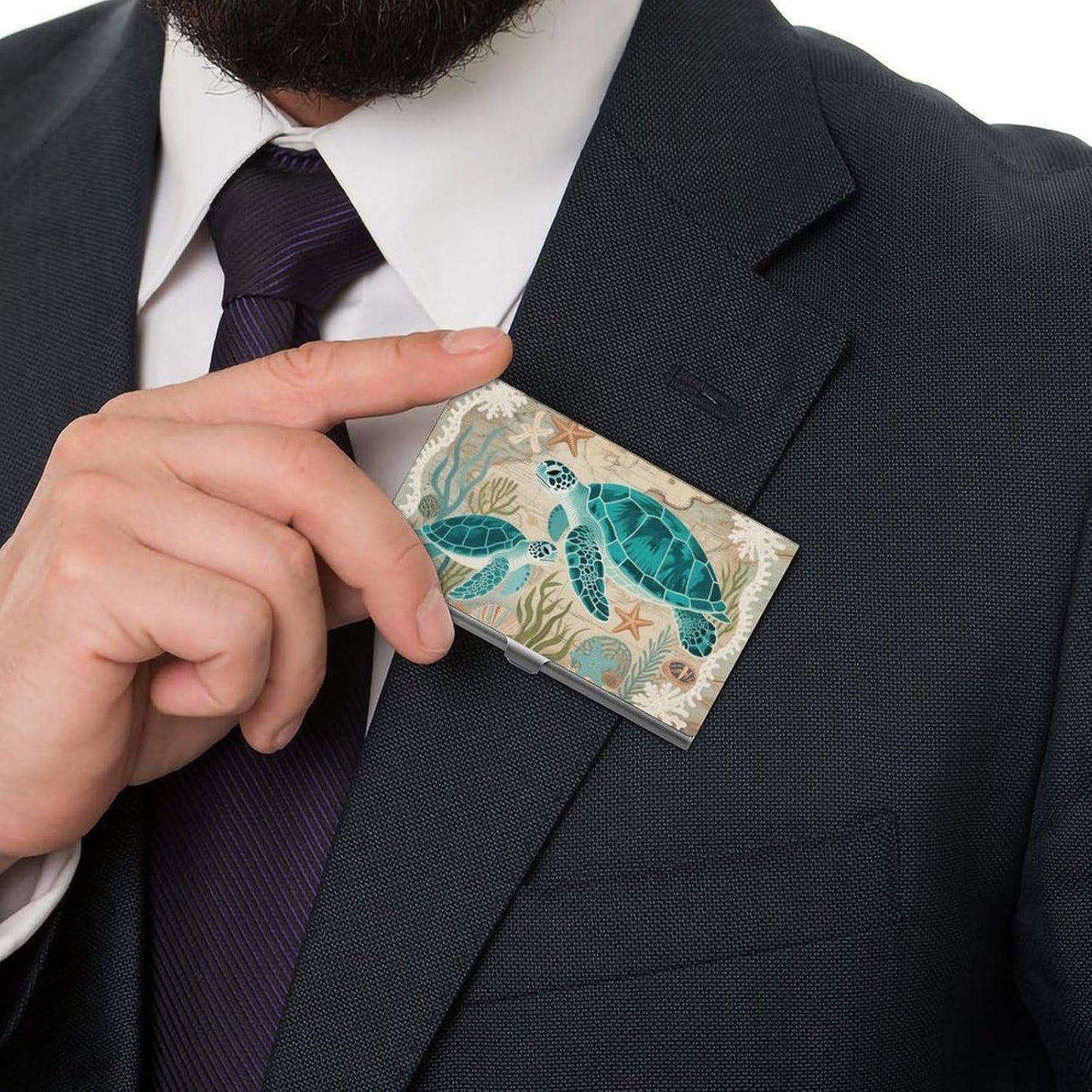HOTBusiness Card Holder Case Slim, Aluminum Alloy, Credit Card Organizer Nautical Green Sea Turtles Beach for Men Women