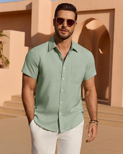 HOTMens Linen Shirt Short Sleeve Wrinkle Free Casual Untucked Button Down Shirts Beach Breathable Tops Summer