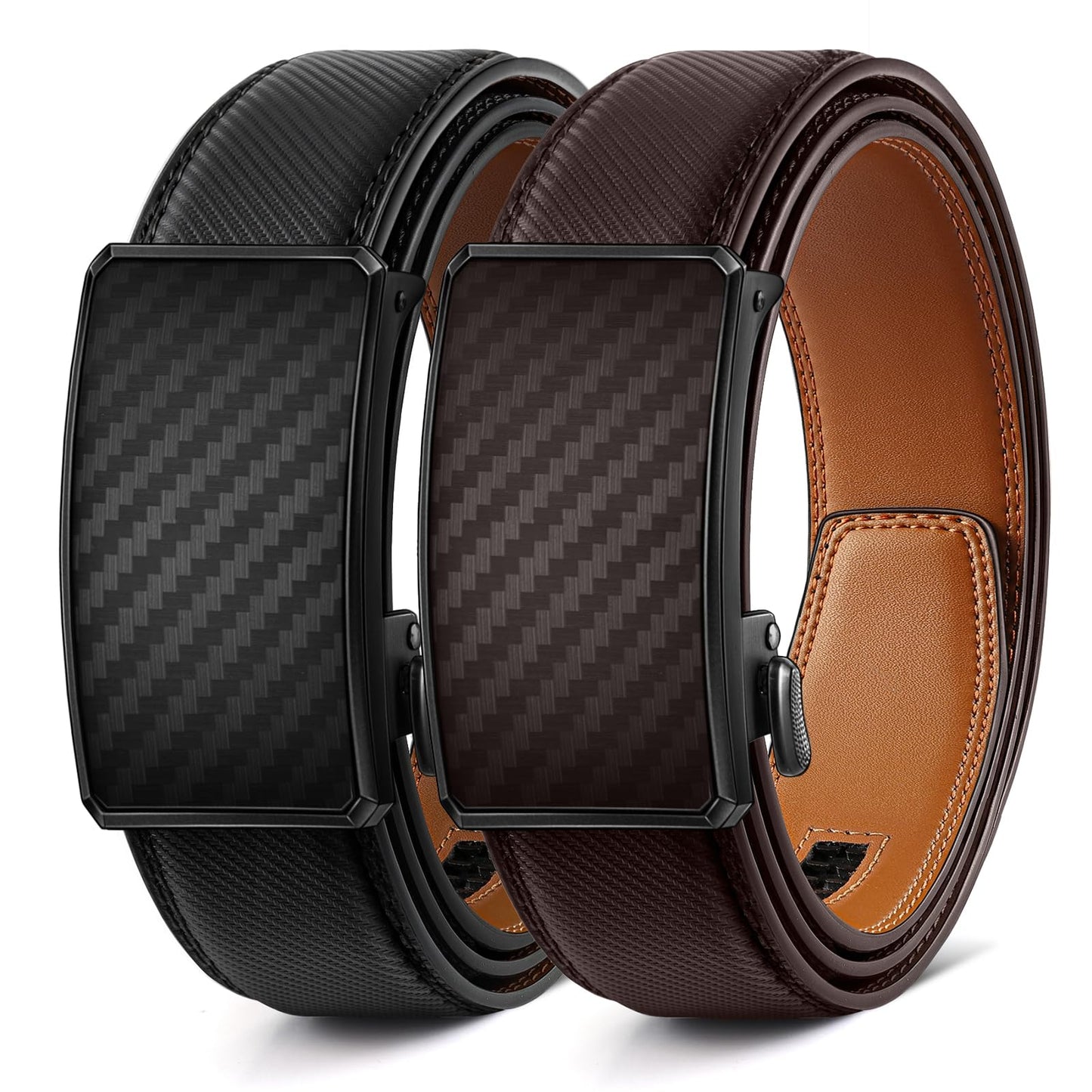 HOTBULLIANT Men Ratchet Belt 2 Pack, Click Sliding Leather Belt Adjustable for Gift Men Dress Casual Jeans 1 3/8,Cut for Fit