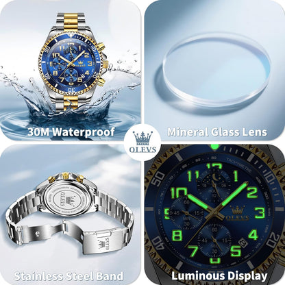 HOTOLEVS Watches for Men Stainless Steel Dress Men Watch with Date Big Face Chronograph Waterproof Luxury Fashion Watch Blue/Black/Gold/Green/Silver Face Relojes para Hombres