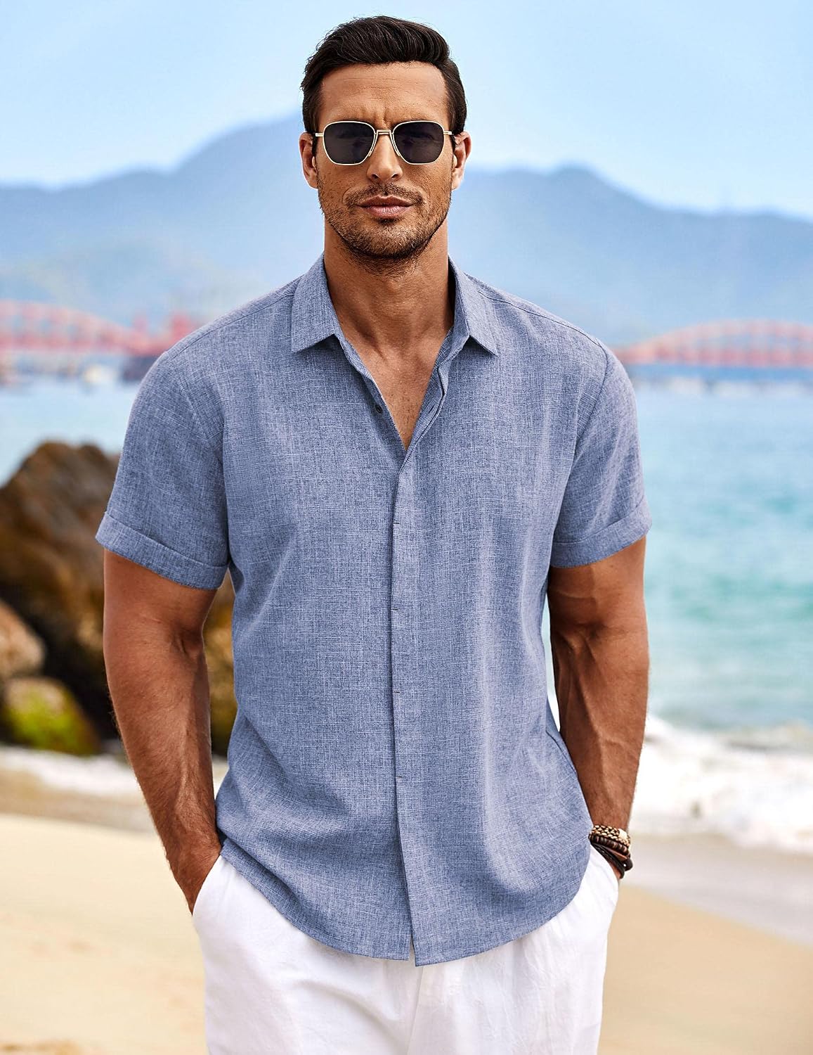 HOTCOOFANDY Men's Linen Shirts Short Sleeve Casual Shirts Button Down Shirt for Men Beach Summer Wedding Shirt