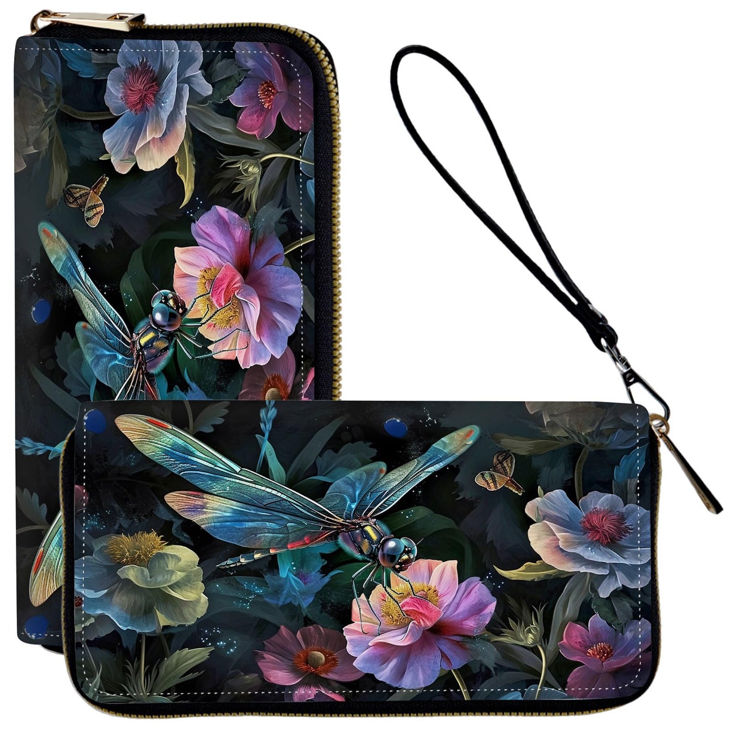 HOTLadies Wallet,Clutch Purses for Women Wallets Leather Credit Card Holder for Women Wristlet Slim Small Cute with Zipper,Thin RFID Blocking with Wrist Strap,Glitter Dragonfly Moon