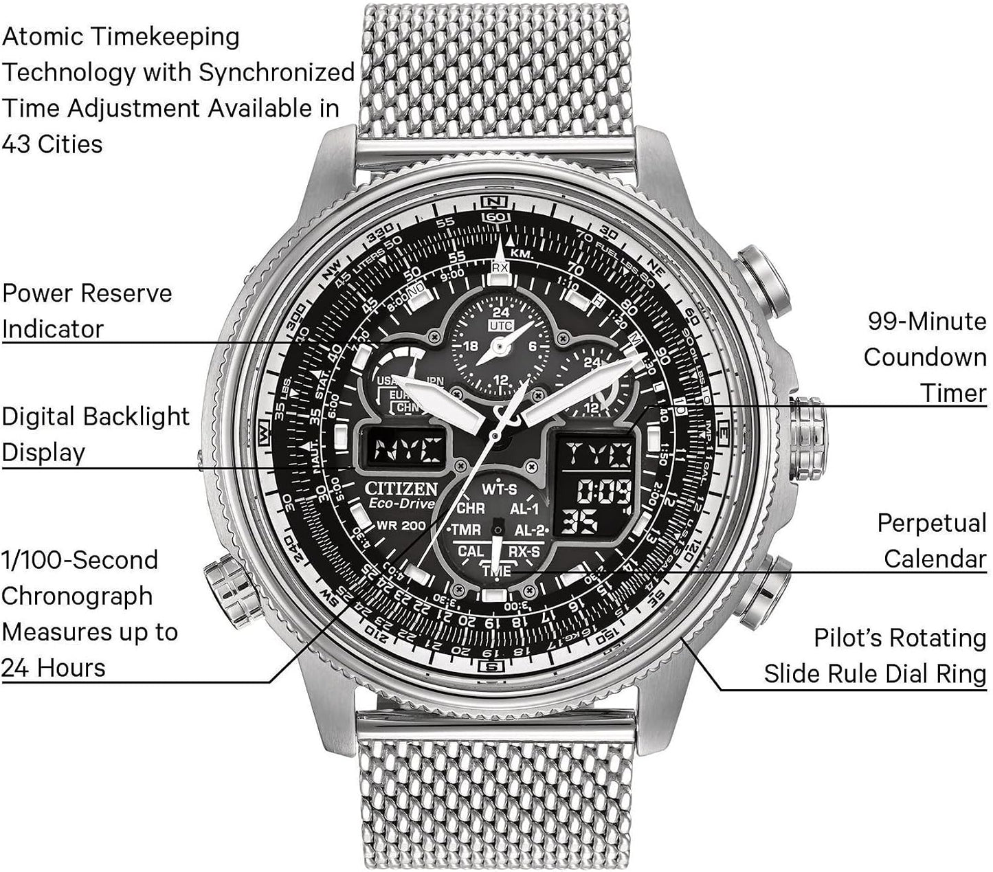 HOTCitizen Men's Promaster Navihawk A-T Eco-Drive Pilot Watch, Atomic Timekeeping, Chronograph