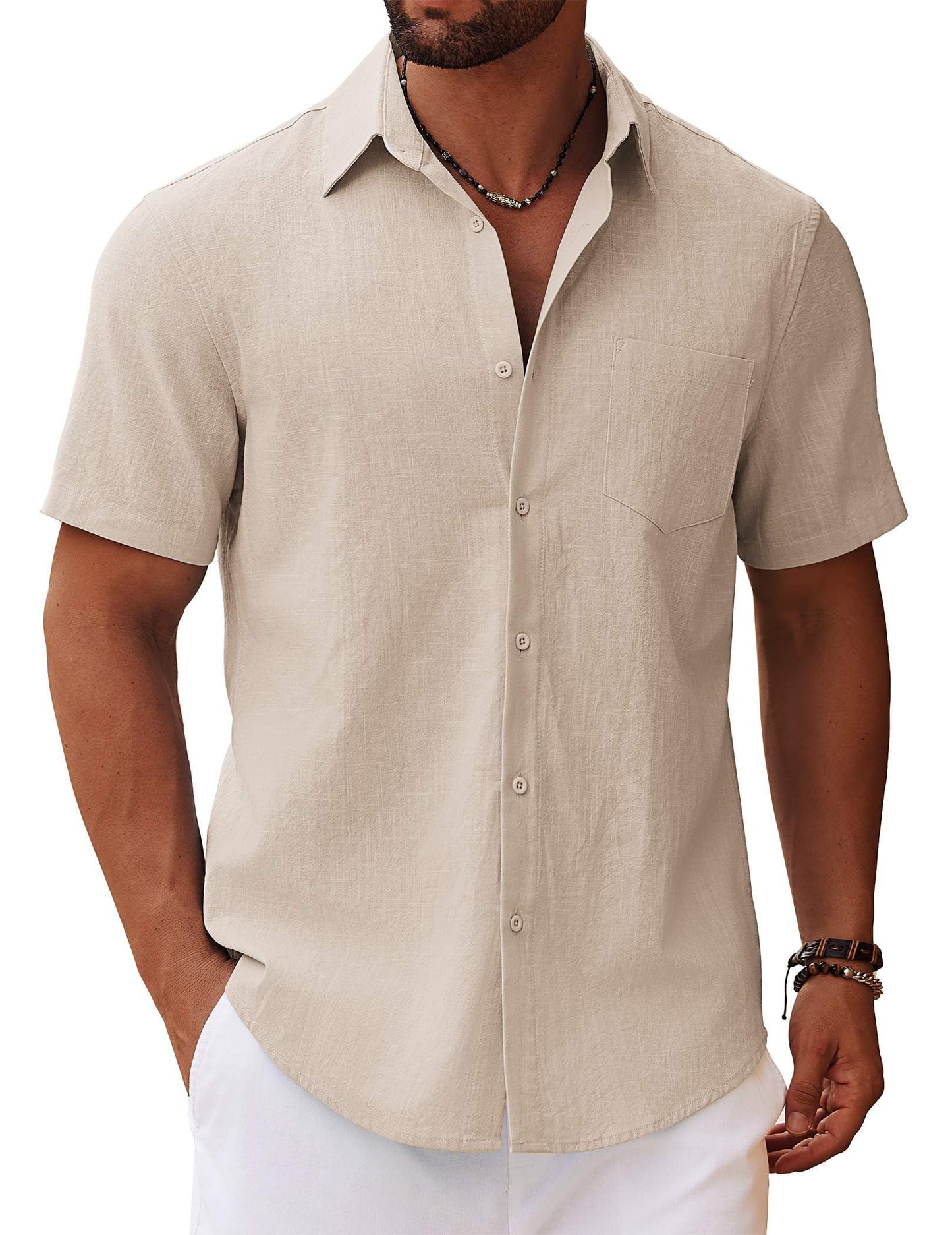 HOTCOOFANDY Men's Button Down Short Sleeve Shirt Casual Cotton Summer Beach Linen Wedding Shirts with Pocket