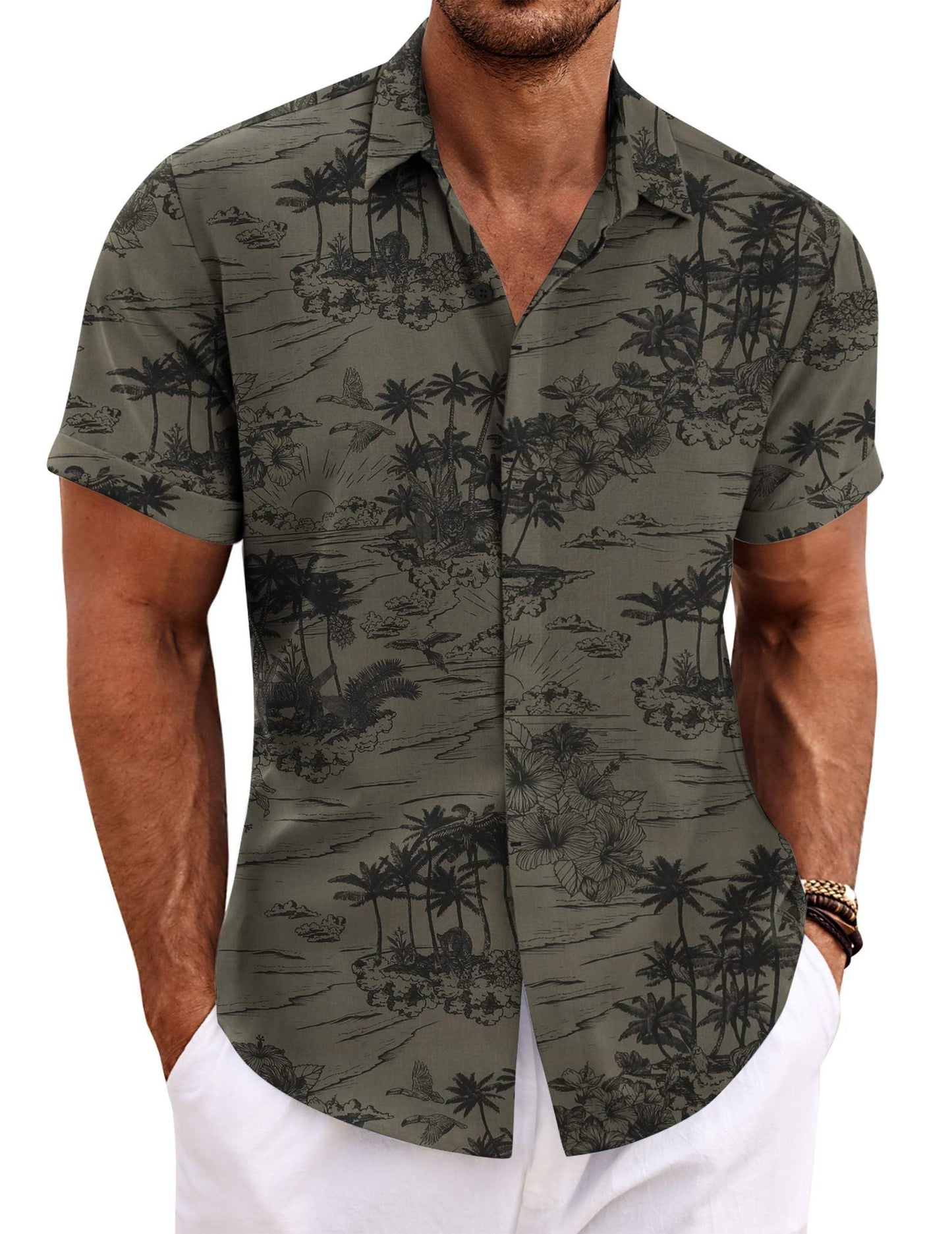 HOTCOOFANDY Men's Linen Shirts Short Sleeve Casual Shirts Button Down Shirt for Men Beach Summer Wedding Shirt
