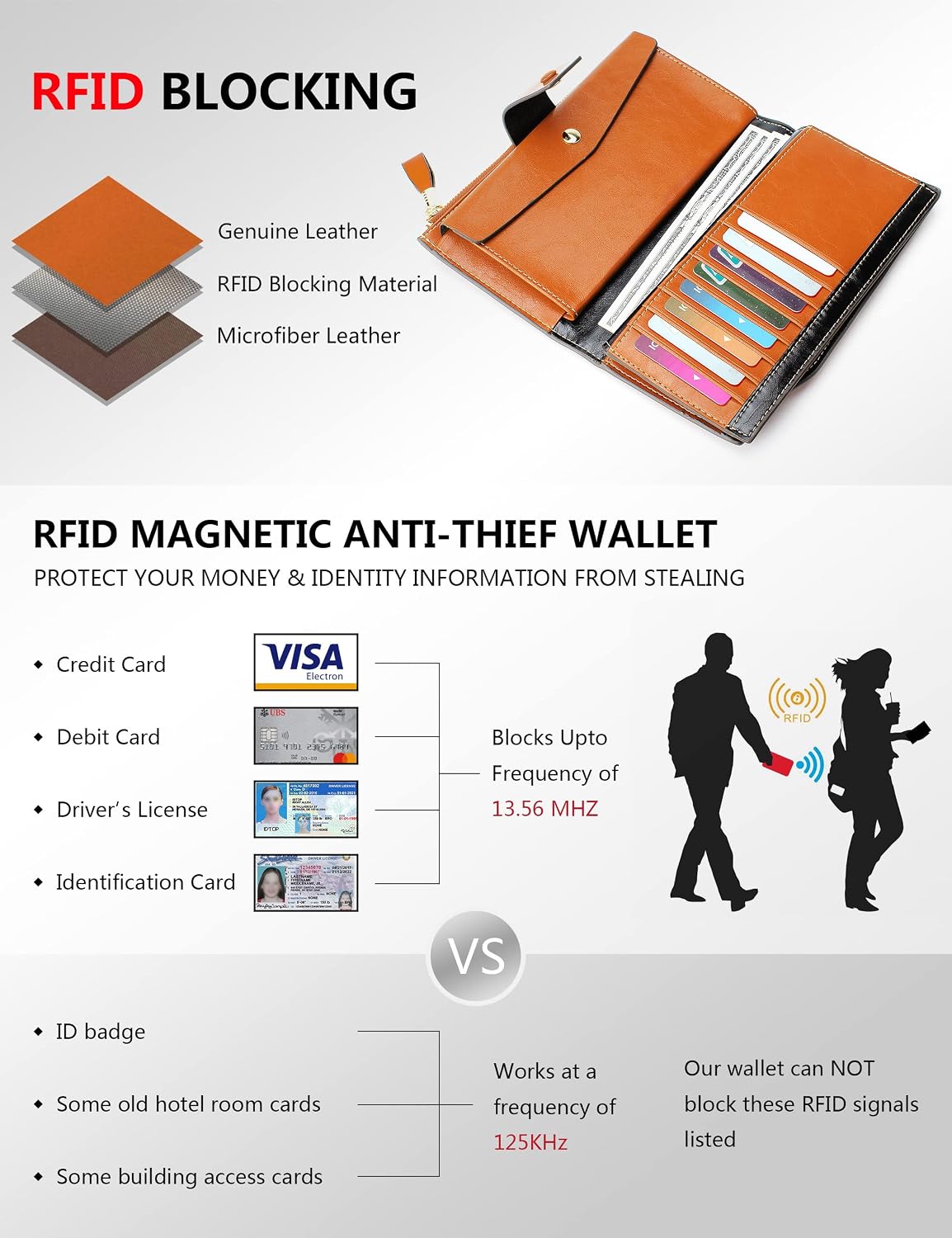 HOTDemon&Hunter Women's RFID Blocking Large Capacity Luxury Wax Genuine Leather Purse Wallet DZA2083 (One Size, Orange)