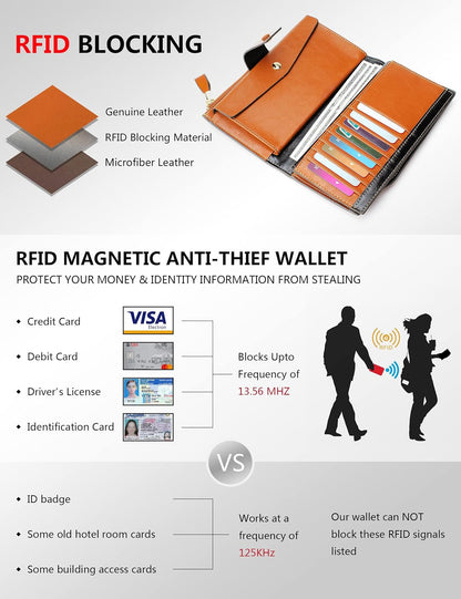 HOTDemon&Hunter Women's RFID Blocking Large Capacity Luxury Wax Genuine Leather Purse Wallet DZA2083 (One Size, Orange)
