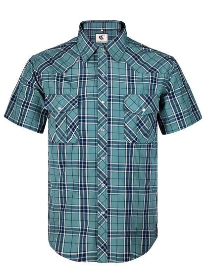 HOTCOEVALS CLUB Men's Western Cowboy Short Sleeve Pearl Snap Casual Plaid Work Shirts
