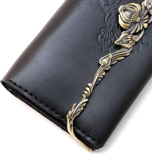 HOTElegant womens leather wallet with brass flower decorative clasp, bifold ladies clutch