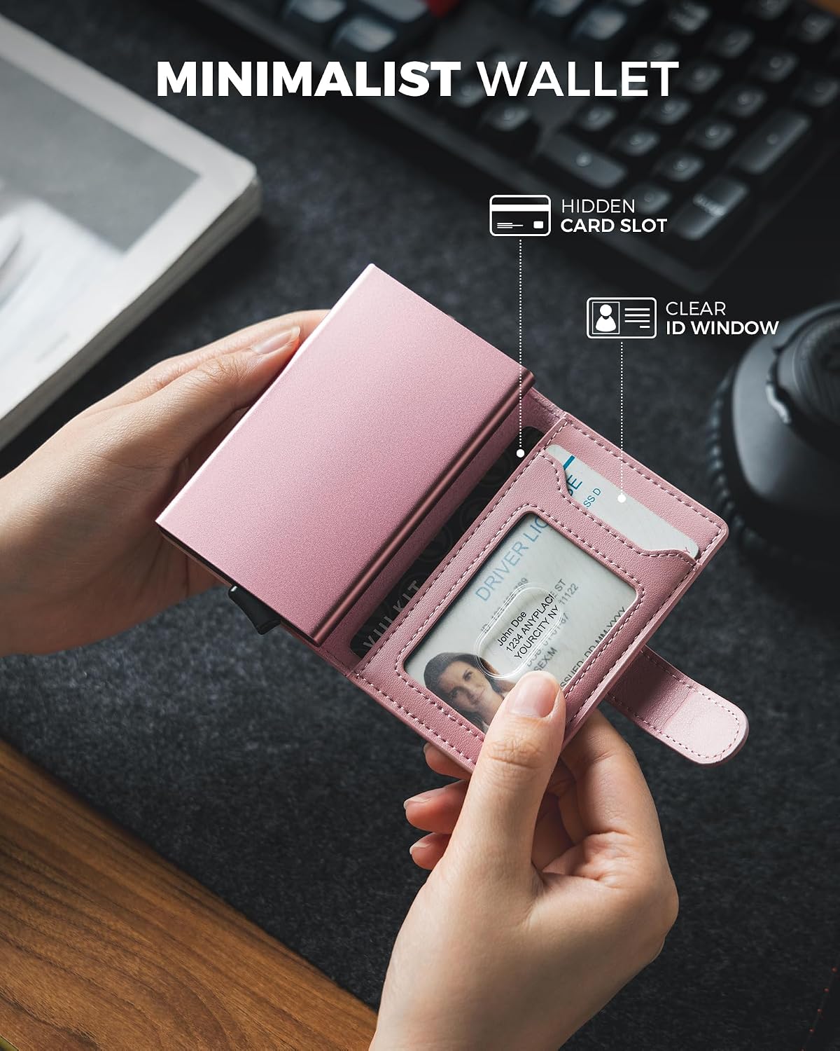 HOTVULKIT Slim Bifold Pop up Wallet Minimalist Leather Card Holder RFID Blocking Metal Card Case with ID Window for Women | with Leather Slots