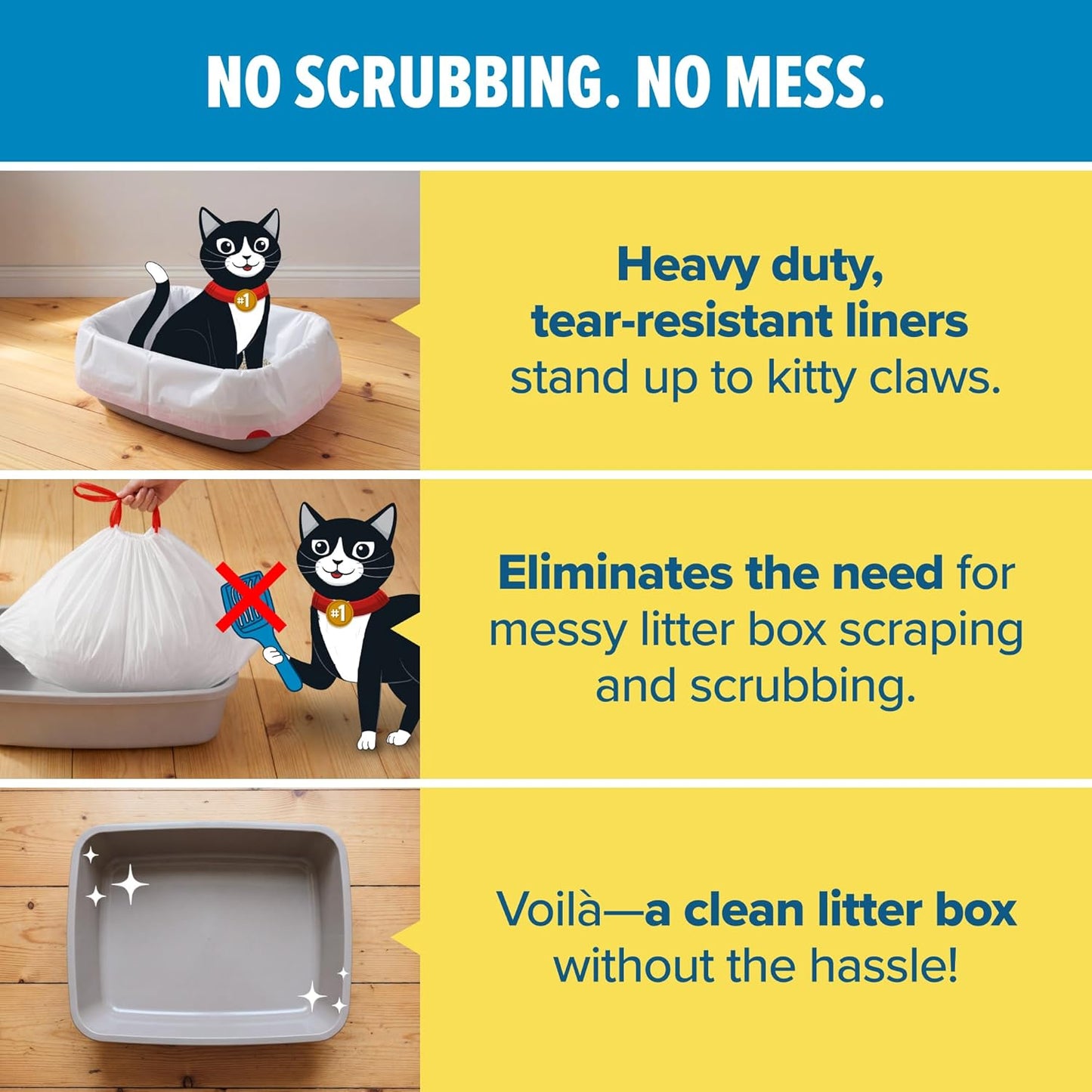 HOTJonny Cat Litter Box Liners: Heavy Duty - Tear & Leak Resistant - Drawstring Close - Jumbo, 15 Count