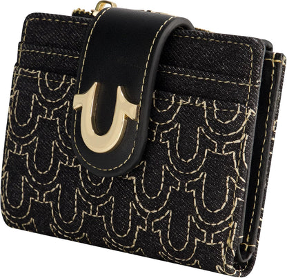 HOTTrue Religion Women's Mini Wallet, Black, One Size | Horseshoe Logo Small Compact Clutch Purse