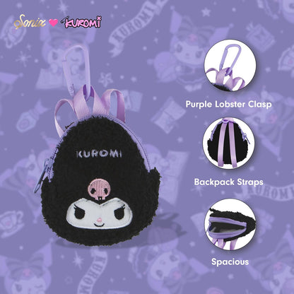 HOTSonix x Sanrio Mini Backpack Charm | Tech Keychain Pouch, Fuzzy Plush Character Coin Purse for Small Accessories, Earbuds | Kuromi