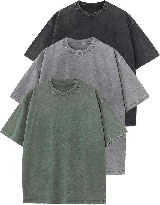 HOTFlygo 3 Pack Men Oversized T Shirts Acid Washed Unisex Tee Loose Fit Short Sleeve Casual Streetwear Baggy Basic Tops