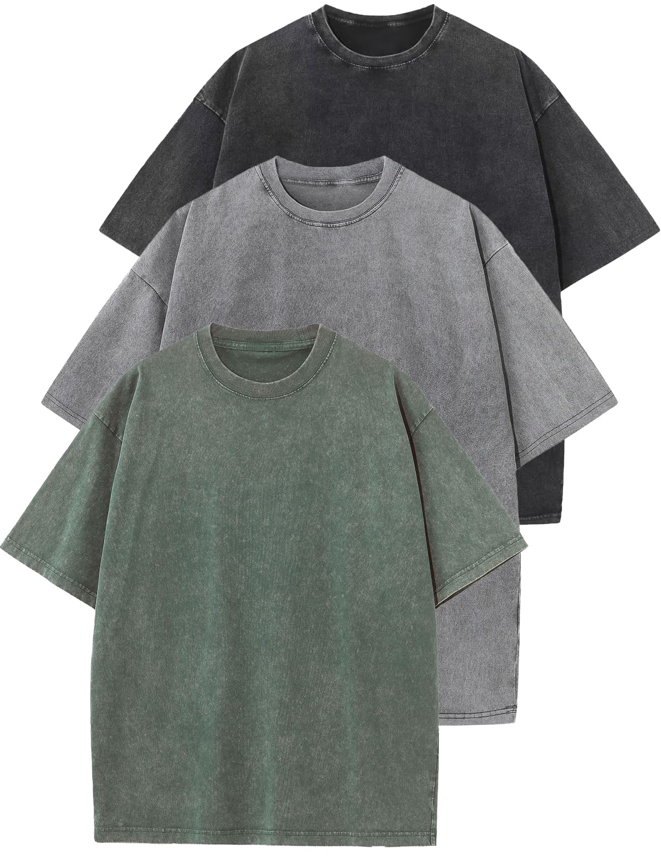 HOTFlygo 3 Pack Men Oversized T Shirts Acid Washed Unisex Tee Loose Fit Short Sleeve Casual Streetwear Baggy Basic Tops