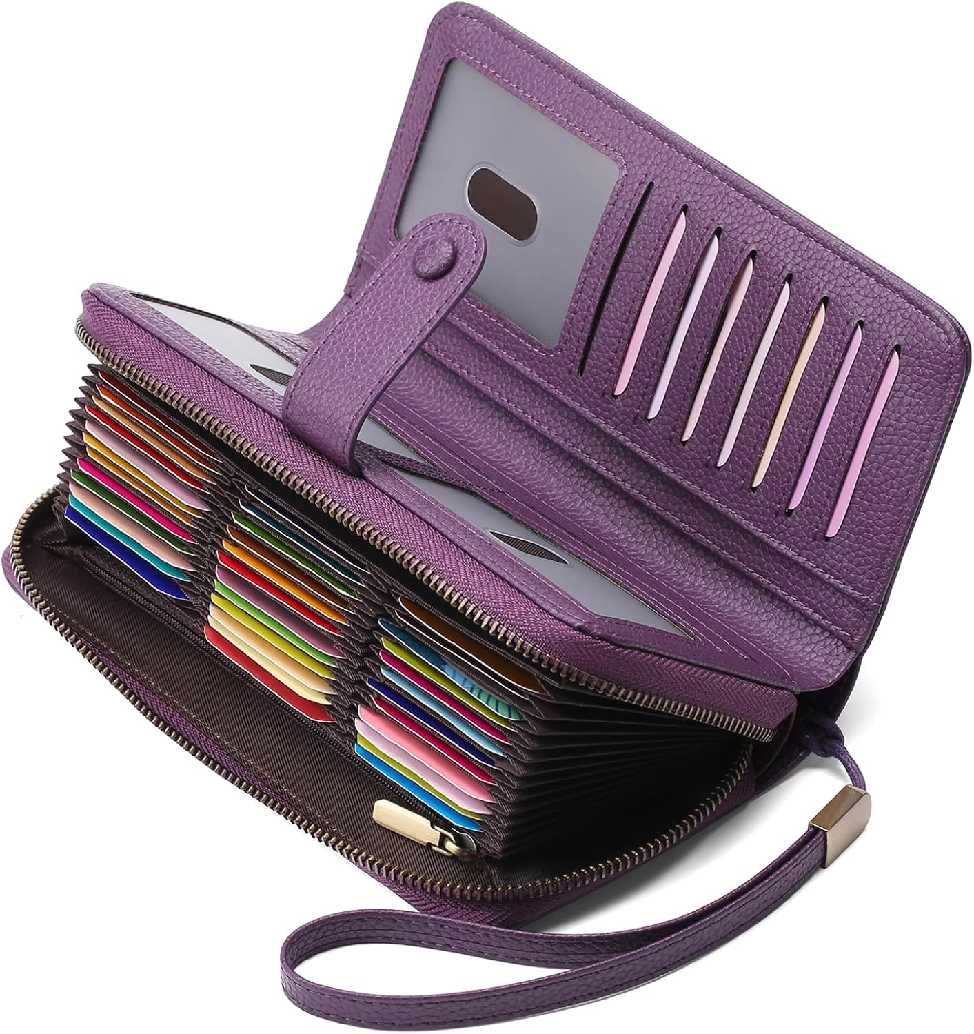 HOTGAEKEAO Leather Credit Card Holder Wallet for Women RFID Blocking Large Capacity Bifold Zipper Card Case Organizer with Wristlet 45 Slots