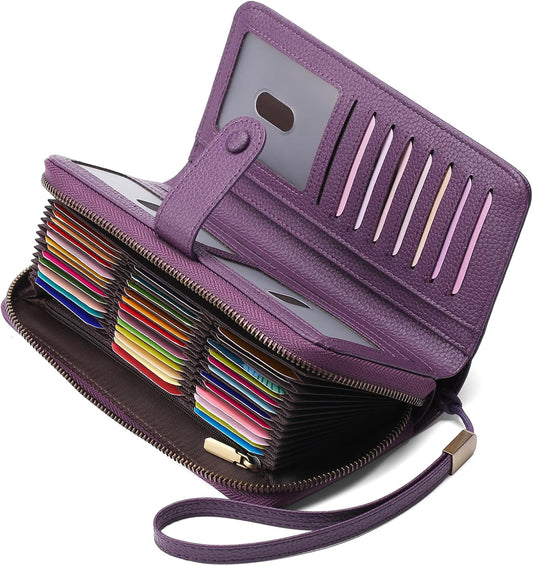 HOTGAEKEAO Leather Credit Card Holder Wallet for Women RFID Blocking Large Capacity Bifold Zipper Card Case Organizer with Wristlet 45 Slots