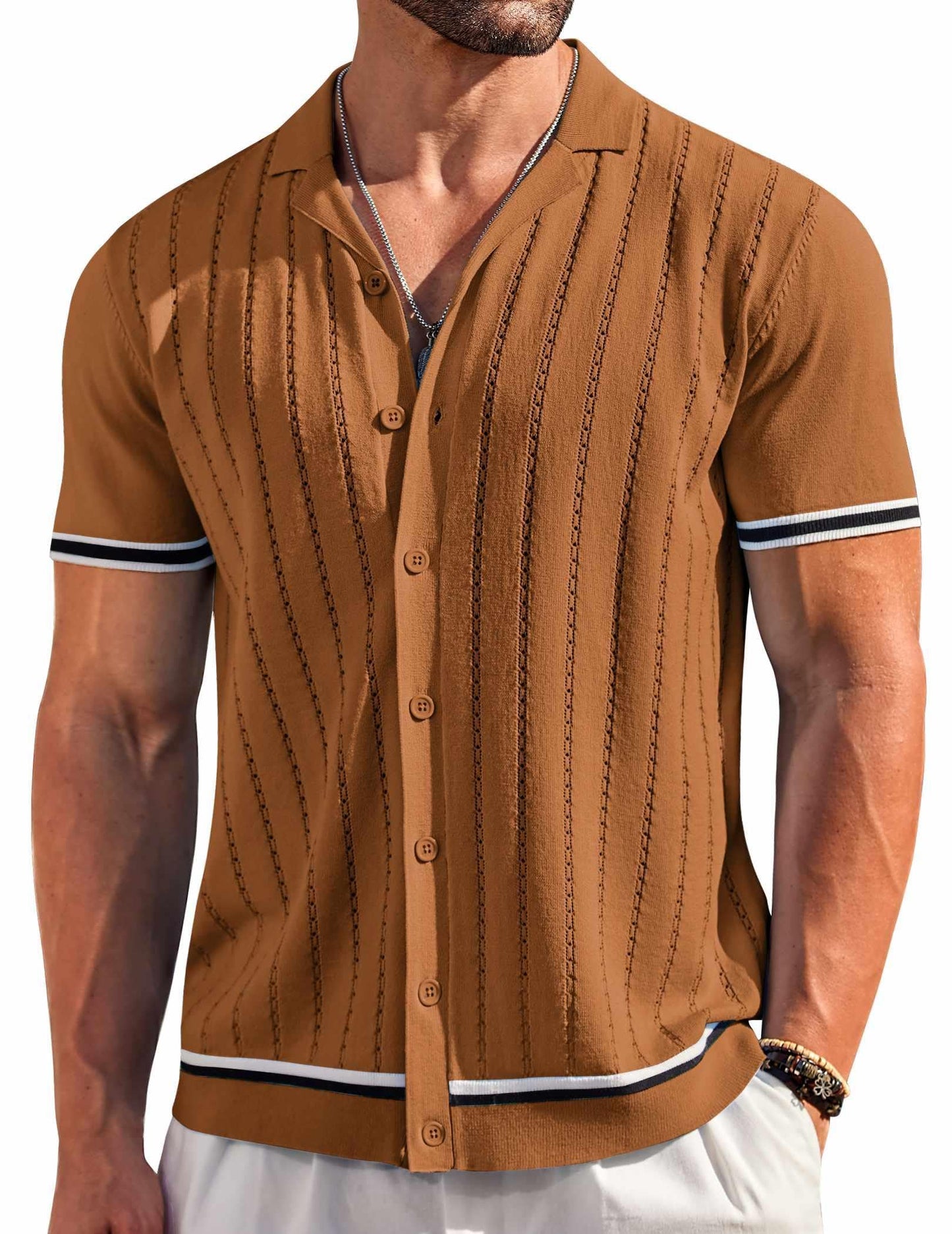 HOTCOOFANDY Men's Short Sleeve Knit Shirt Casual Button Down Shirt Vintage Striped Knitted Golf Beach Tops