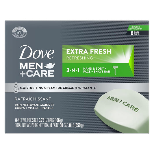 HOTDOVE MEN + CARE 3 in 1 Bar Cleanser for Body, Face, and Shaving Extra Fresh Body and Facial Cleanser More Moisturizing Than Bar Soap to Clean and Hydrate Skin 3.75 Ounce (Pack of 8)