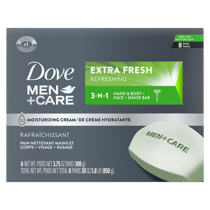 HOTDOVE MEN + CARE 3 in 1 Bar Cleanser for Body, Face, and Shaving Extra Fresh Body and Facial Cleanser More Moisturizing Than Bar Soap to Clean and Hydrate Skin 3.75 Ounce (Pack of 8)