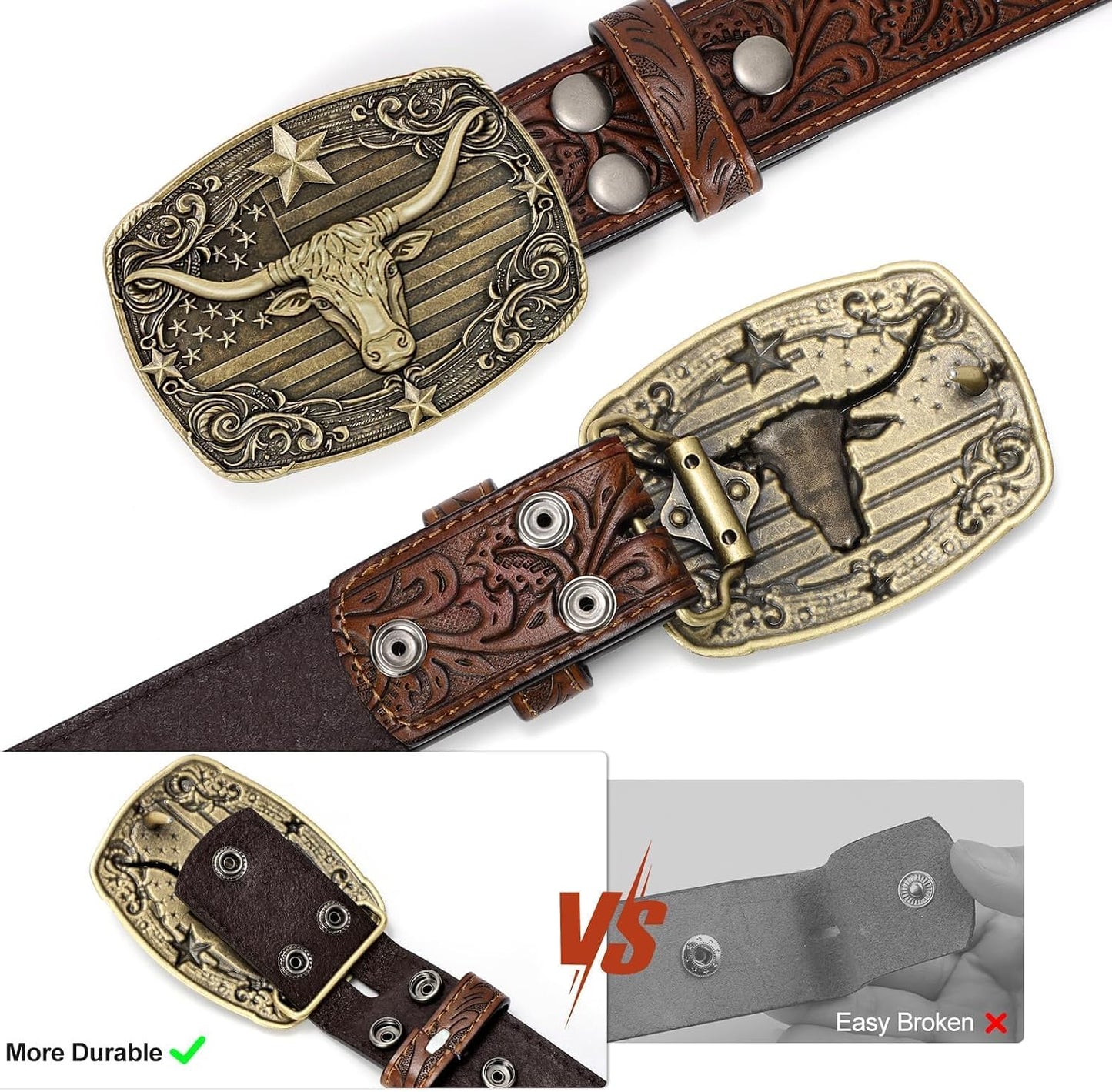 HOTSANSTHS Western Cowboy Belts for Men Women, Mens Western Belt Bull Buckle Country Belt Cowboy Leather Belt for Jeans