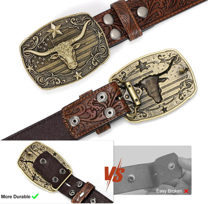 HOTSANSTHS Western Cowboy Belts for Men Women, Mens Western Belt Bull Buckle Country Belt Cowboy Leather Belt for Jeans