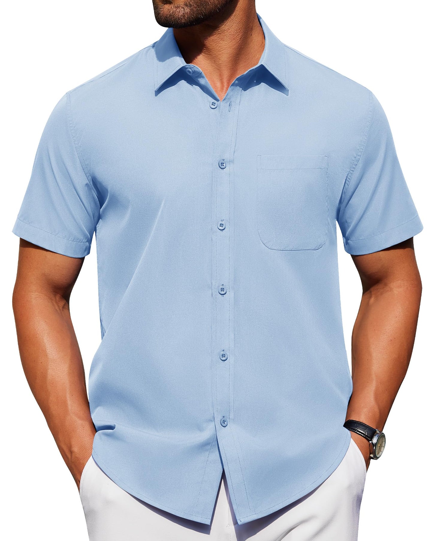 HOTAlimens & Gentle Men's Short Sleeve Dress Shirts Wrinkle Free Untucked Casual Button Down Shirt