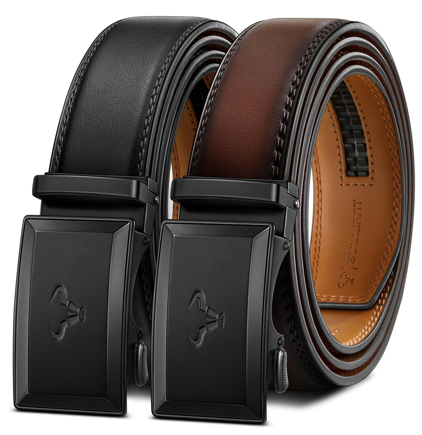 HOTBULLIANT Men Ratchet Belt 2 Pack, Click Sliding Leather Belt Adjustable for Gift Men Dress Casual Jeans 1 3/8,Cut for Fit