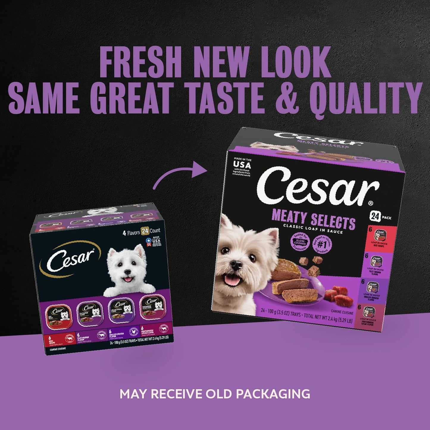 HOTCesar Classic Loaf in Sauce Wet Dog Food, Meaty Selects, 3.5 oz, 24 Count | Made in USA, Real beef or chicken #1 ingredient, no fillers or artificial flavors, slow-cooked, easy peel trays